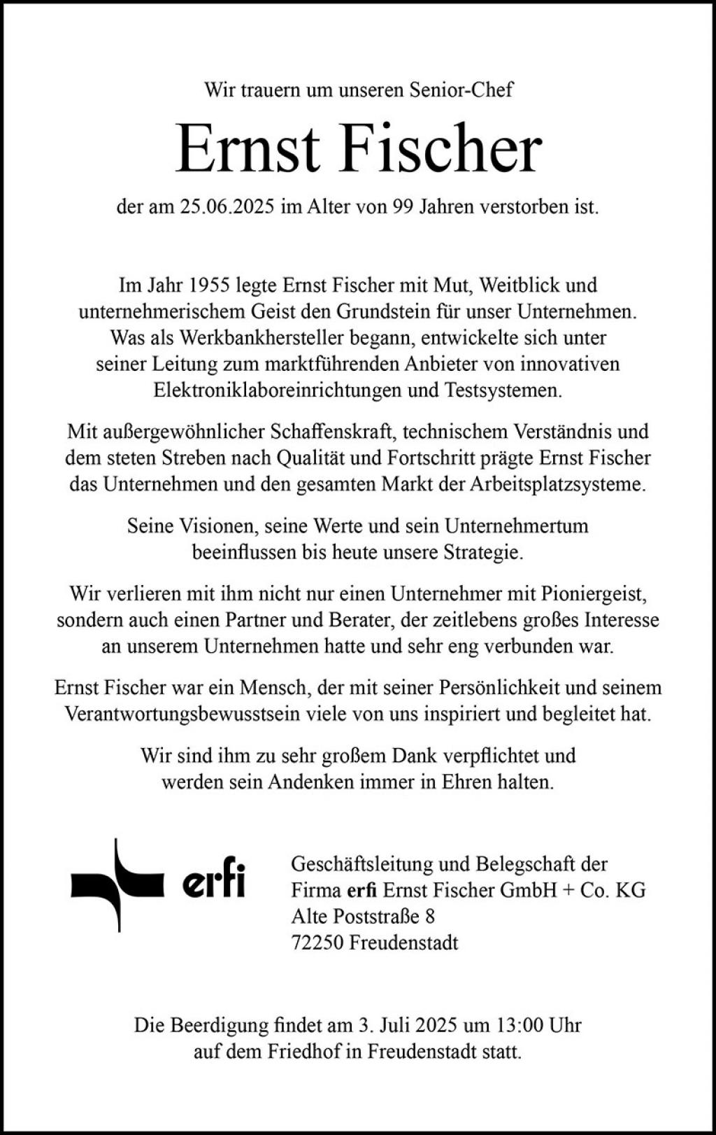 Traueranzeige Ernst Fischer klein